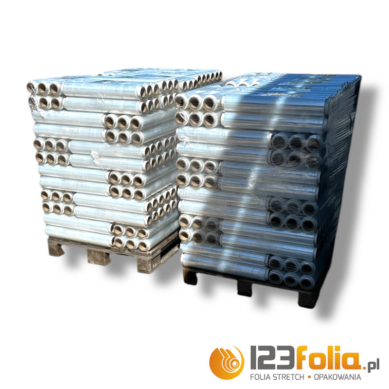 Transparentna folia stretch 2,50 kg – półpaleta 180 rolek – 123folia.pl